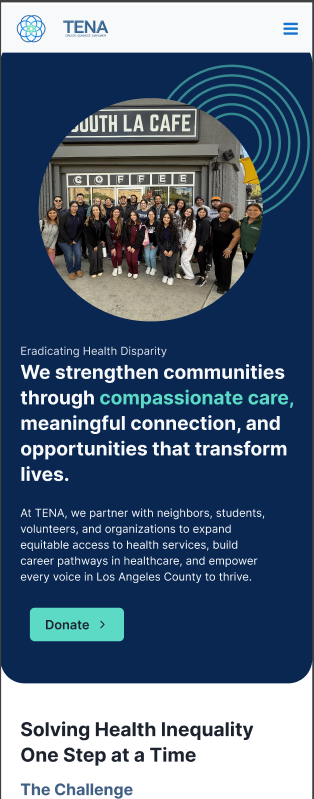 TENA mobile homepage showing the navigation, community photo, mission statement, and Donate button.